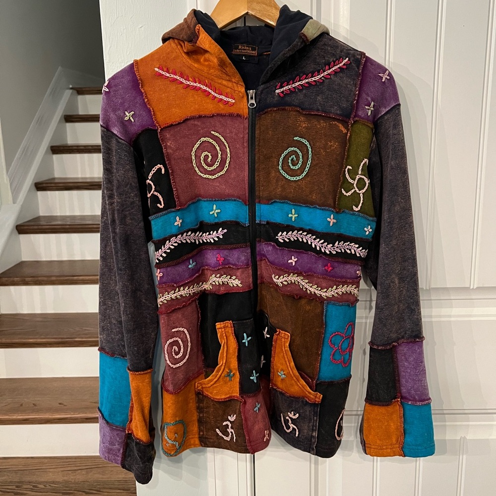 Rising International Patchwork Embroidered Boho Hoodie Jacket Size Large